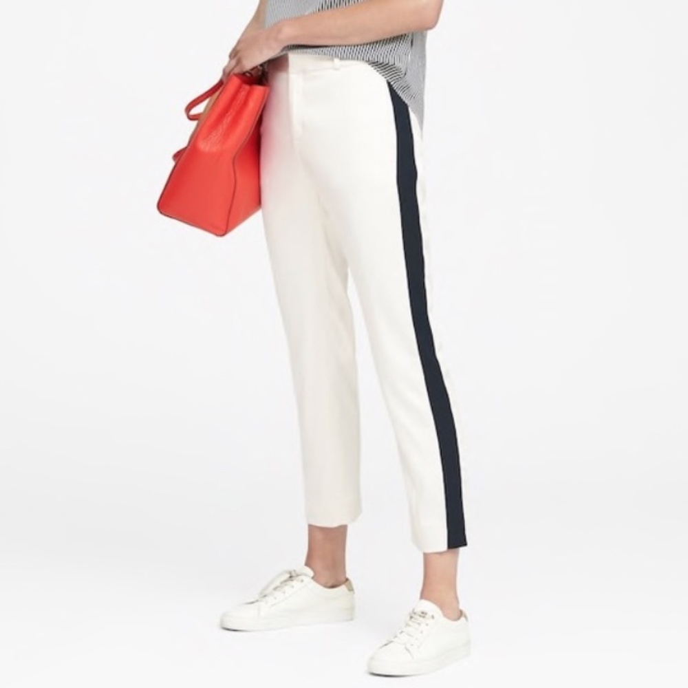 Banana Republic Avery Creme Silk Trousers with Black Stripe